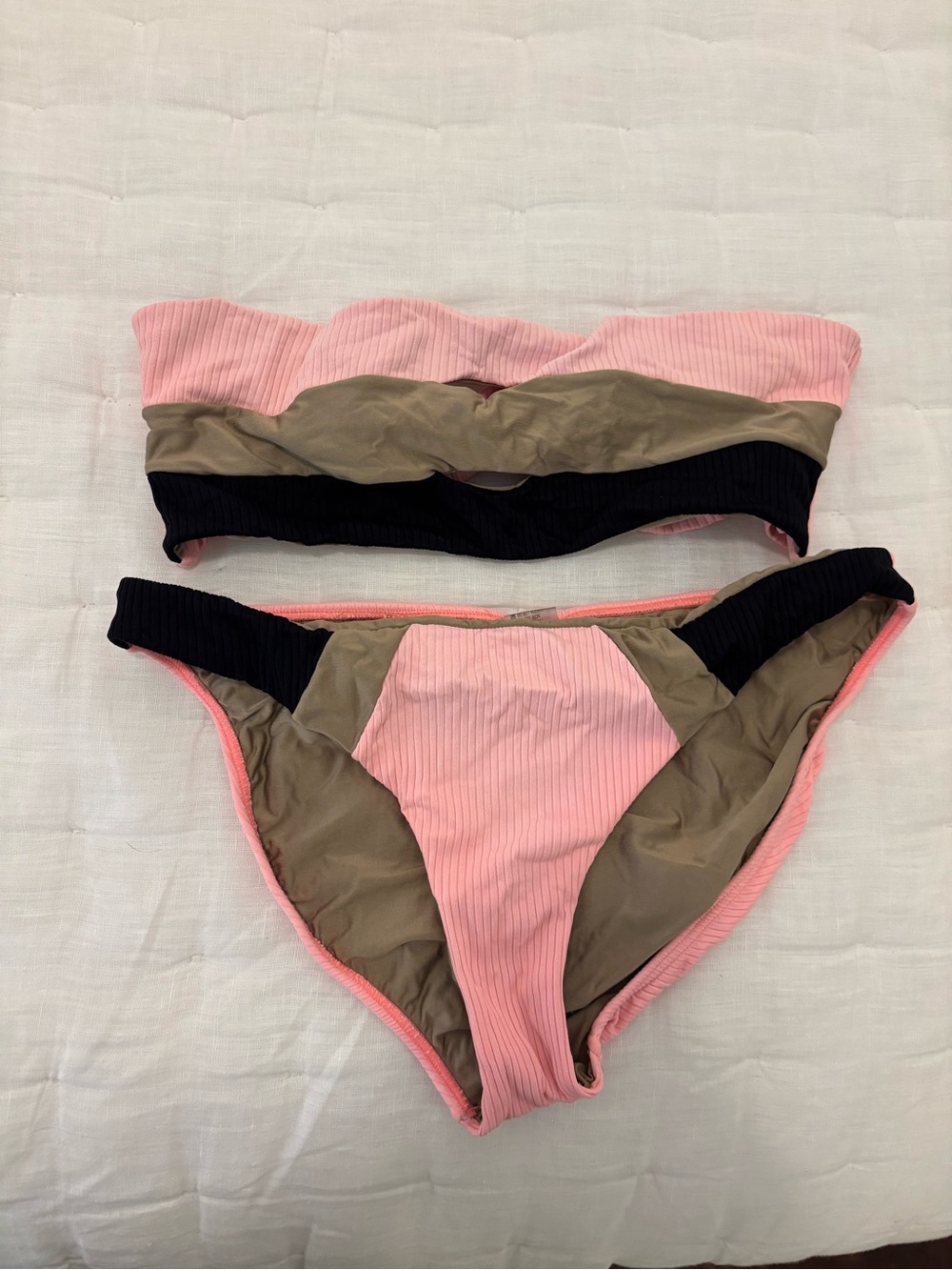 Pilyq Pink Tan and Black Ribbed Bandeau Bikini Set